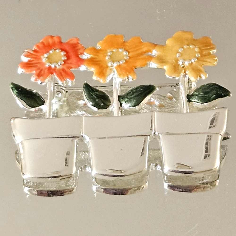 Colorful Vintage Flowerpot Broach In Silver Tone - Picture 4 of 4